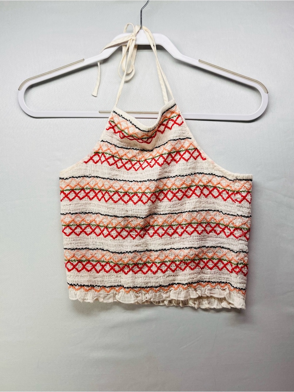American Eagle Outfitters Cream Halter Crop Top with Red & Orange Stitching